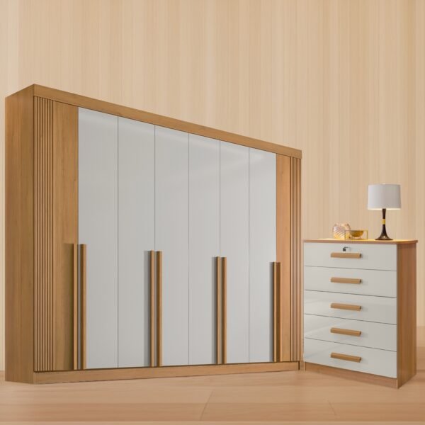 Guarda-Roupa 8 Portas Daymond Cinamono/Off White/Ripado + Cômoda Ipanema Cinamono/Off White – D’DORO MÓVEIS
