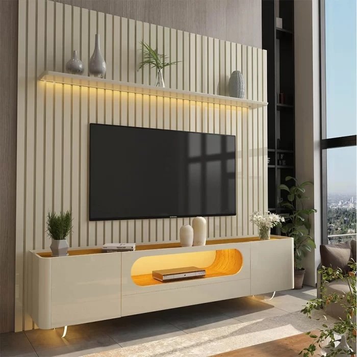 Painel até 85″ Nobre 230 Off White + Rack Nobre 210 (Pés de Vidro) Off White/Naturale – GELIUS