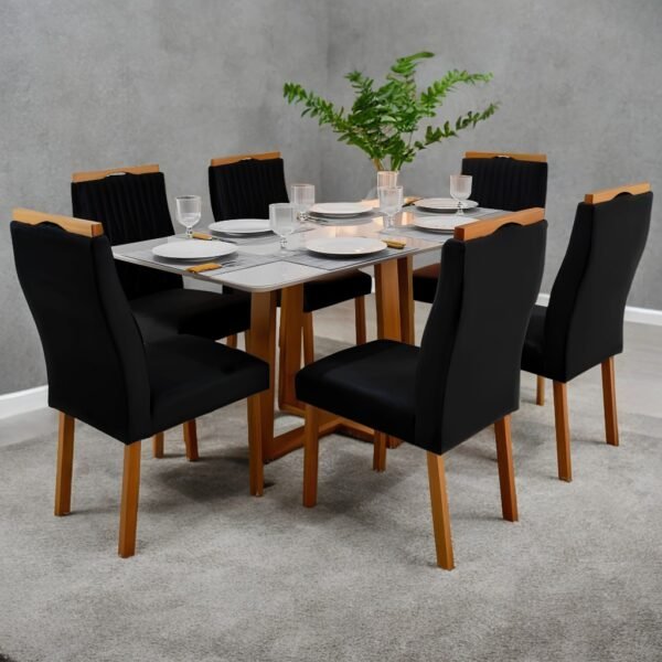 Mesa Pedro 160 Mel/Off White com 6 Cadeiras Gênova Veludo Preto – ART ASSENTOS