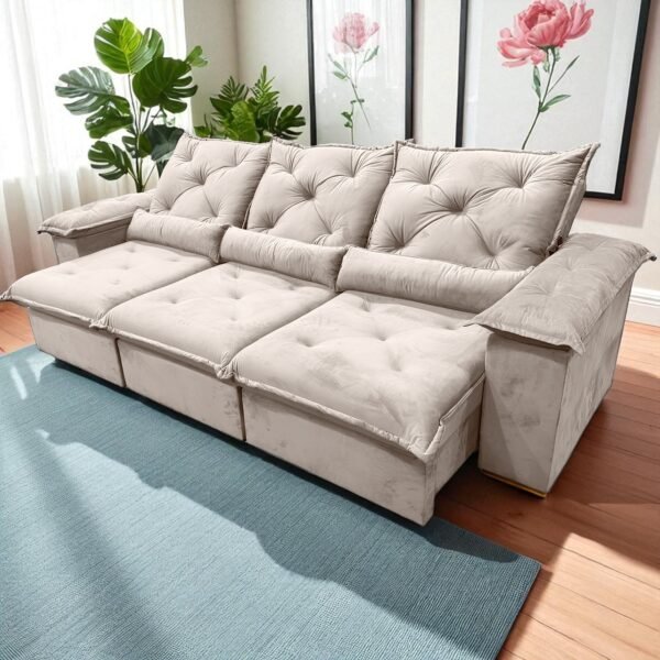 Sofá Retrátil e Reclinável Porto Madero 2,75 m Veludo Bege - IMPERIAL DECOR