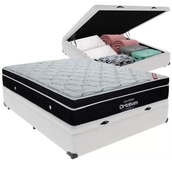 Colchão Casal Elegant D33 Superpocket + Base Box Casal Baú Branco – ORTOBOM + BIOSTAR