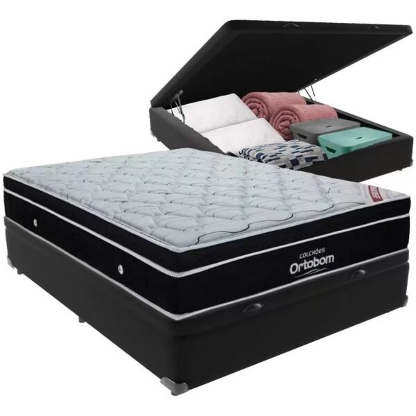 Colchão Casal Elegant D33 Superpocket + Base Box Casal Baú Preto – ORTOBOM + BIOSTAR