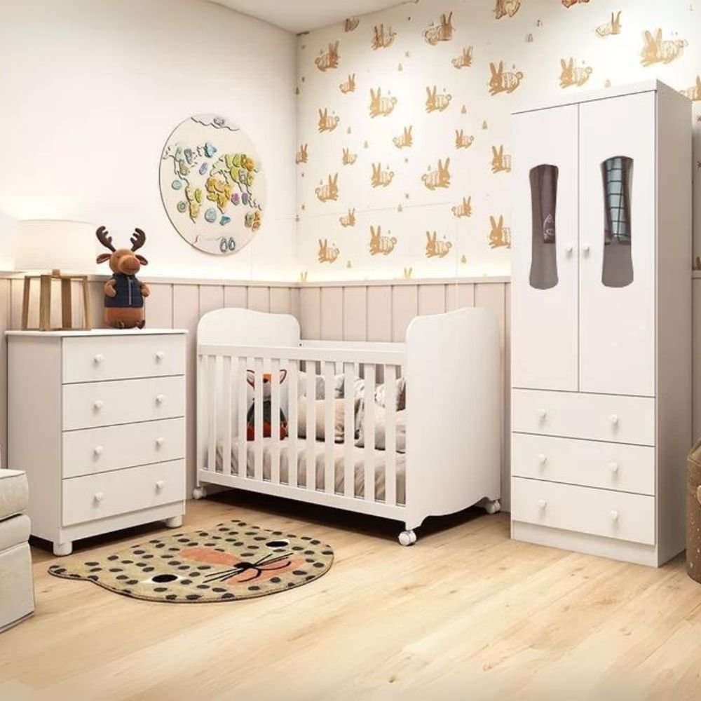 Guarda-Roupa 2 Portas Luna + Berço Uli Americano + Cômoda Junior Branco Brilho - PEROBA MÓVEIS