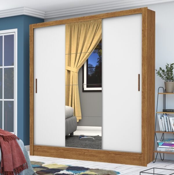 Guarda-Roupa 3 Portas Dubai/Santiago Plus(1 Porta espelhada) 1,79 m Cinamono/Branco – CARIOCA MÓVEIS