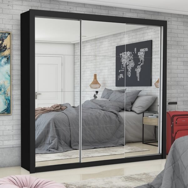 Guarda-Roupa Veneza/Clara/Berlim Premium (3 Portas espelhadas) 1,855 m Preto – CARIOCA MÓVEIS