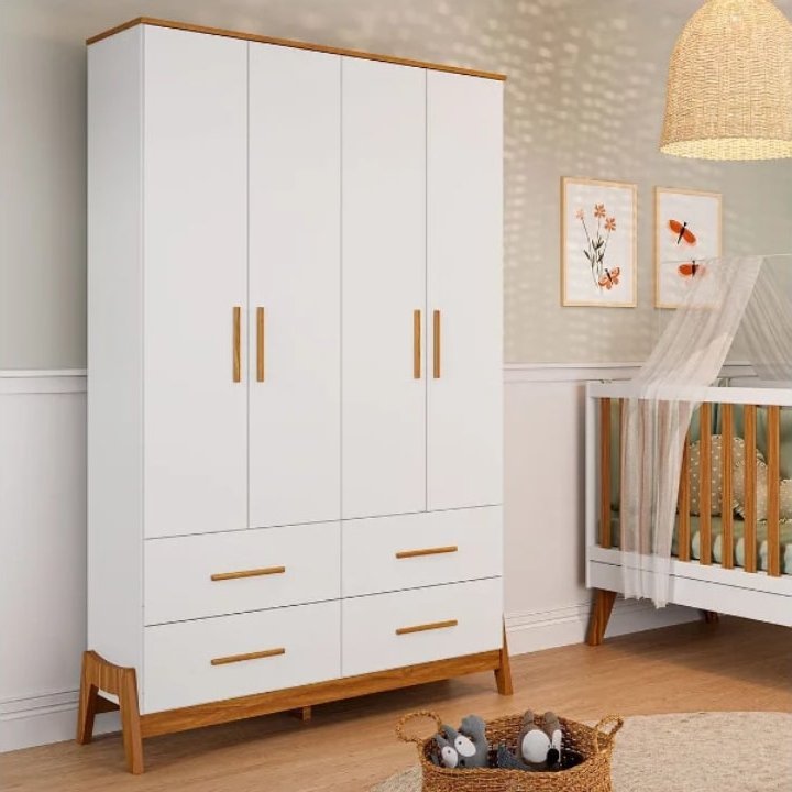 Guarda-Roupa 4 Portas + Cômoda + Berço Guti Retrô Branco Brilho/Amêndoa - PEROBA MÓVEIS - Imagem 2
