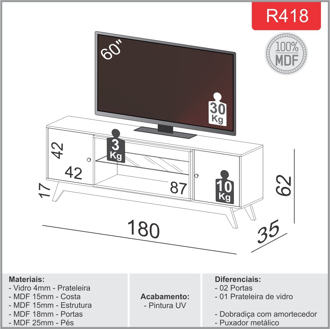 Rack até 60" Thor R418 Off White/Freijó - DALLA COSTA - Imagem 5