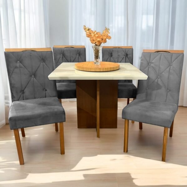 Mesa Salinas 120 Cinamomo/Off White com 4 Cadeiras Yasmim Veludo Cinza Grafite – AVALON DECOR + KM DECOR