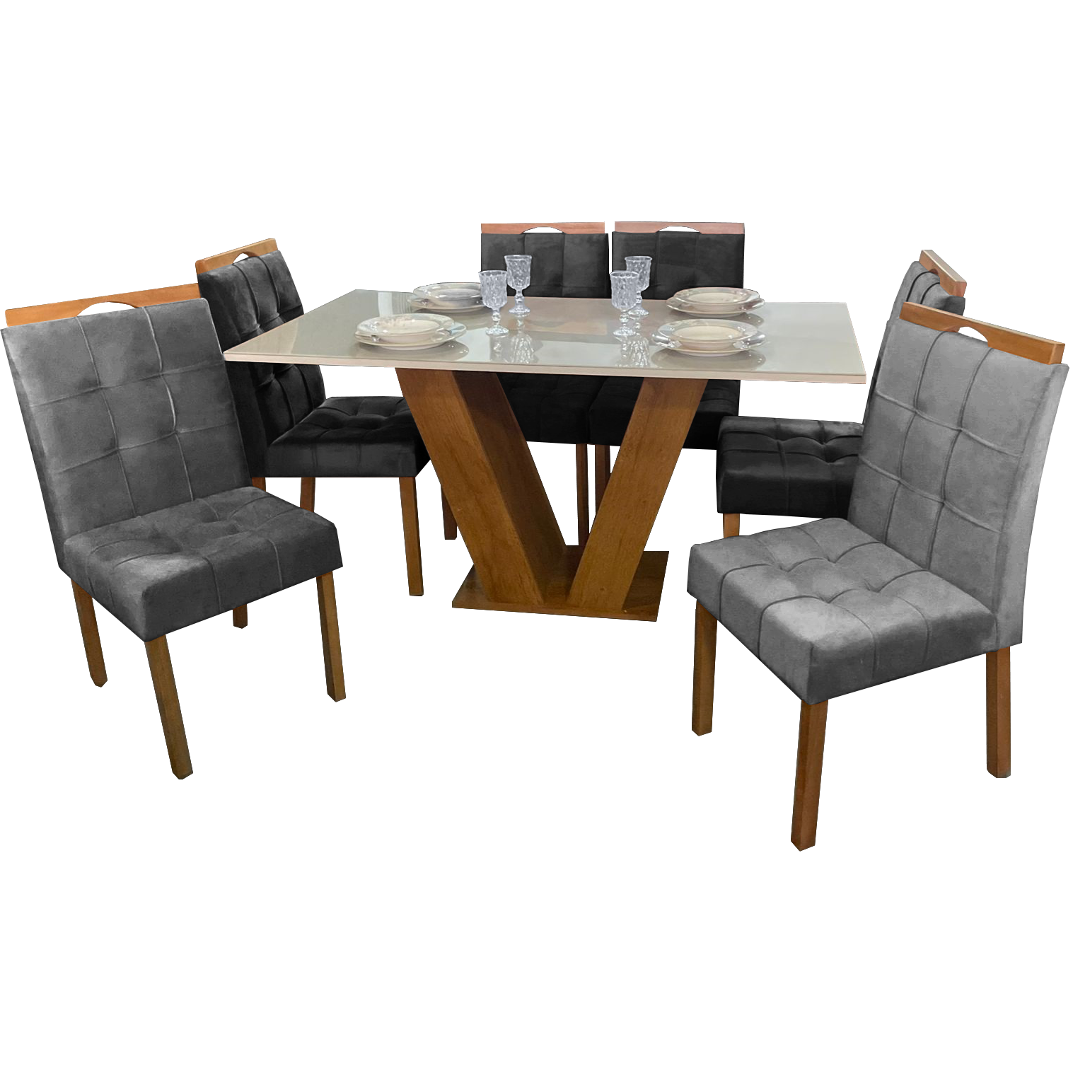 Mesa Classic 160 Cinamomo/Off White com 6 Cadeiras Sophia Mel/Veludo Grafite – CEL MÓVEIS + WM DECOR - Imagem 3