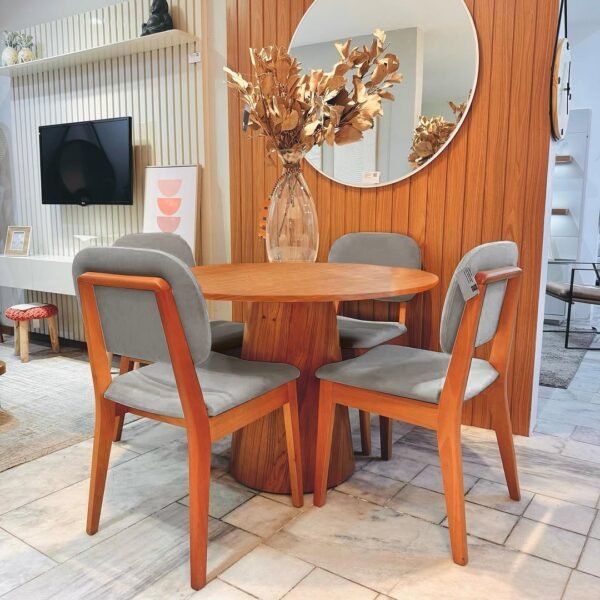 Mesa Redonda Malva 110 Mel com 4 Cadeiras Gaya Mel/Linho Cinza 03 – J SILVA MÓVEIS