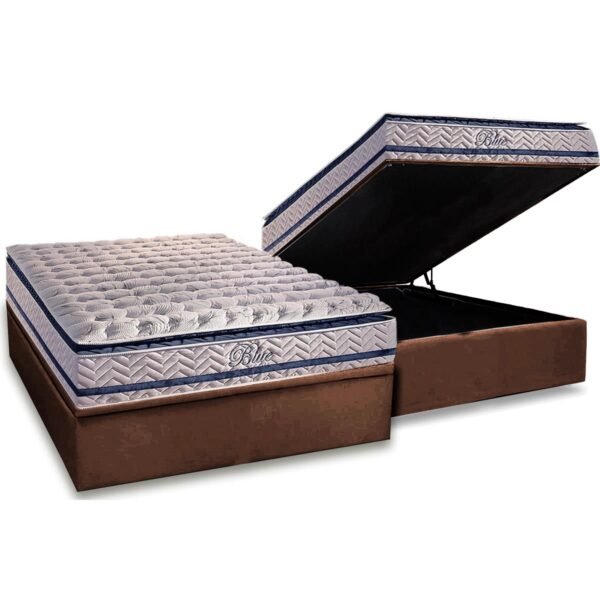 Colchão Casal Blue + Base Box Baú Corino Marrom – PAROPAS + ALTO NÍVEL CAMAS E COLCHÕES