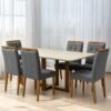 Mesa Atlas Mel/Off White Canto Copo 160×80 com 6 Cadeiras Sophia Veludo Cinza Grafite – ART ASSENTOS + WM DECOR