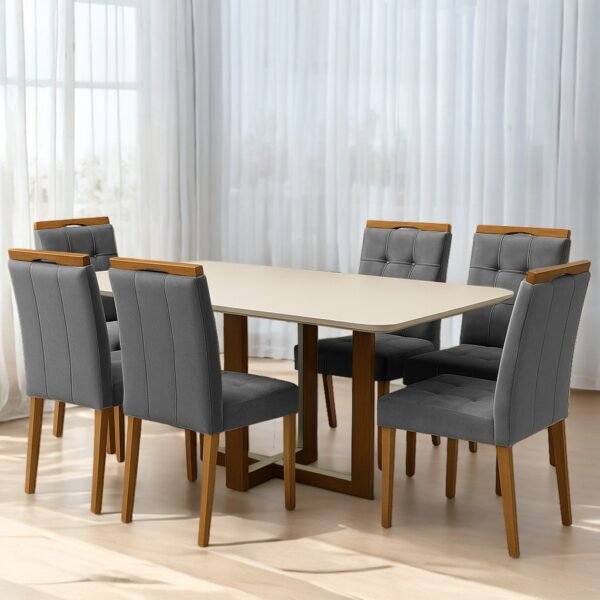 Mesa Atlas Mel/Off White Canto Copo 160×80 com 6 Cadeiras Sophia Veludo Cinza Grafite – ART ASSENTOS + WM DECOR