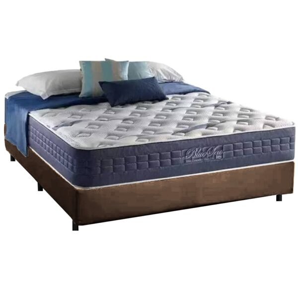 Colchão Casal Blue Sea D28 + Base Box Simples Corino Marrom – ANJOS COLCHÕES + ALTO NÍVEL CAMAS E COLCHÕES