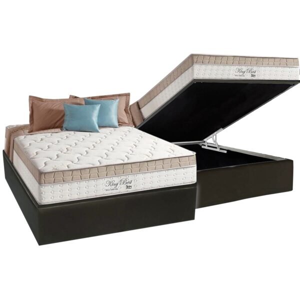Colchão Casal King Best D28 + Base Box Baú Corino Preto – ANJOS COLCHÕES + ALTO NÍVEL CAMAS E COLCHÕES