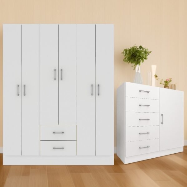Guarda-Roupa 6 Portas Jamaica 6002 + Cômoda 5 Gavetas Sapateira Miami Branco - FELLICCI