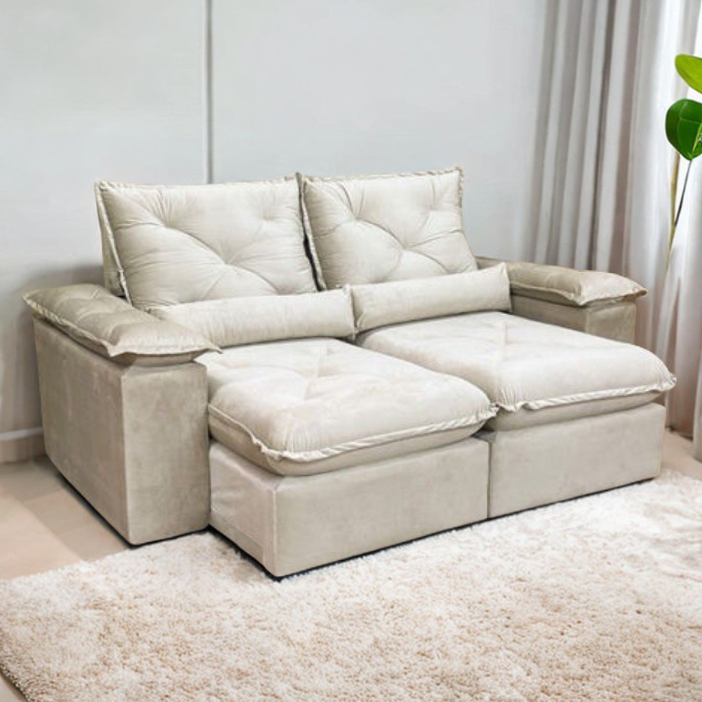 Sofá Retrátil e Reclinável Brasão 2,00 m Veludo Bege - MD ESTOFADOS