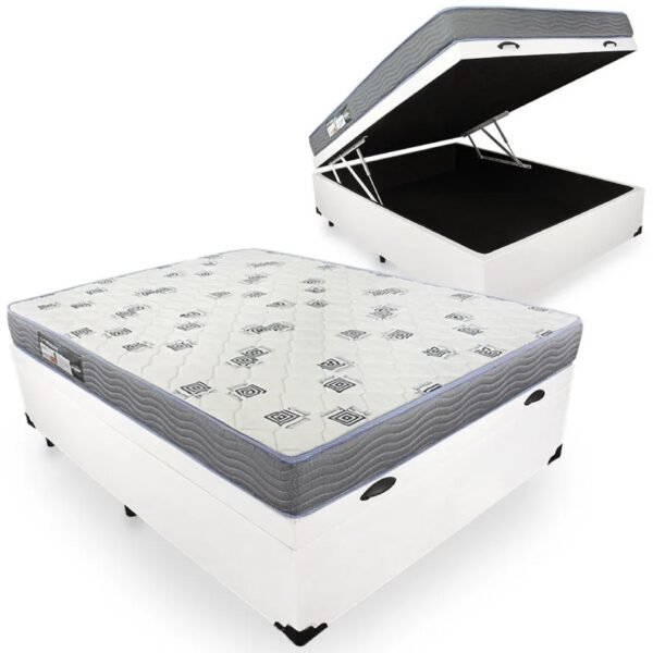 Colchão Casal Light D33 + Base Box Baú Corino Branco - ORTOBOM + ALTO NÍVEL CAMAS E COLCHÕES