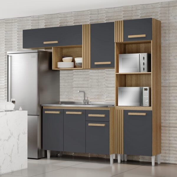 Cozinha Compacta para Pia + Balcão 3P1G Vitória 2,40 m Atacama/Grafite - ARAMÓVEIS