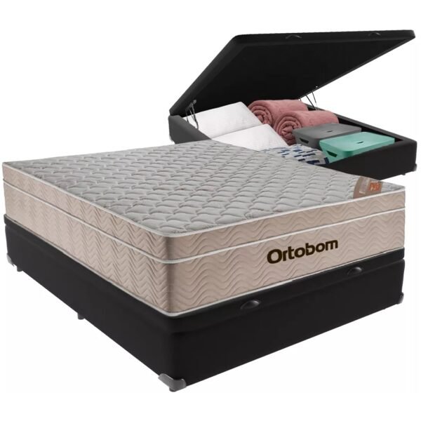 Colchão Casal Airtech Springpocket + Base Box Baú Corino Preto – ORTOBOM + ALTO NÍVEL CAMAS E COLCHÕES