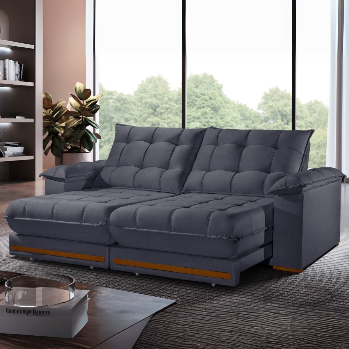 Sofá Retrátil e Reclinável Barcelona 2,50 m Veludo Cinza Grafite - ESTOFADOS TEIXEIRA - Imagem 2