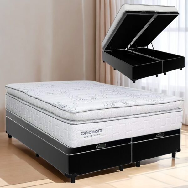 Colchão Queen New Freedom + Base Box Baú Corino Preto – ORTOBOM + BIOSTAR