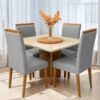 Mesa Salinas 90 Cinamomo/Off White com 4 Cadeiras Samantha 05 Veludo Cinza Prata 1013 – AVALON DECOR + CARVALHO DECOR