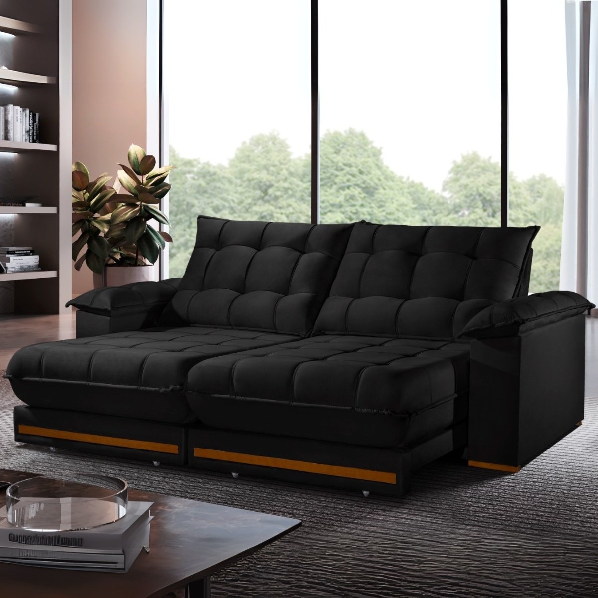 Sofá Retrátil e Reclinável Barcelona 2,50 m Veludo Preto - ESTOFADOS TEIXEIRA - Imagem 2