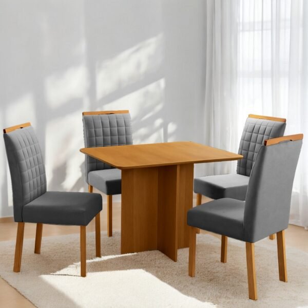 Mesa Pérola 90 Imbuia Mel (Tampo Viena s/vidro) + 4 Cadeiras Pandora 01 Veludo Cinza Grafite 414 – CARVALHO DECOR