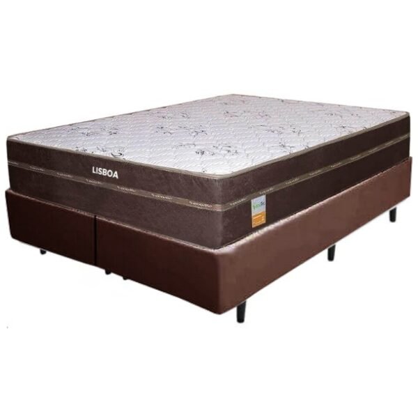 Colchão Queen Lisboa D28 + Base Box Simples Corino Marrom – ECOTEC + ALTO NÍVEL CAMAS E COLCHÕES