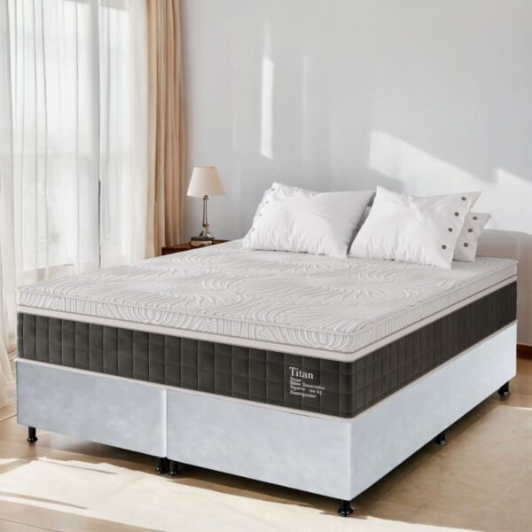 Colchão Queen Terapêutico Massageador Titan/Thor D28 + Base Box Simples Corino Branco – VIERO MÓVEIS + ALTO NÍVEL CAMAS E COLCHÕES