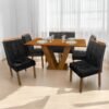 Mesa Classic 160 Cinamomo Laminado com 6 Cadeiras Sophia Mel/Veludo Preto – CEL MÓVEIS + WM DECOR