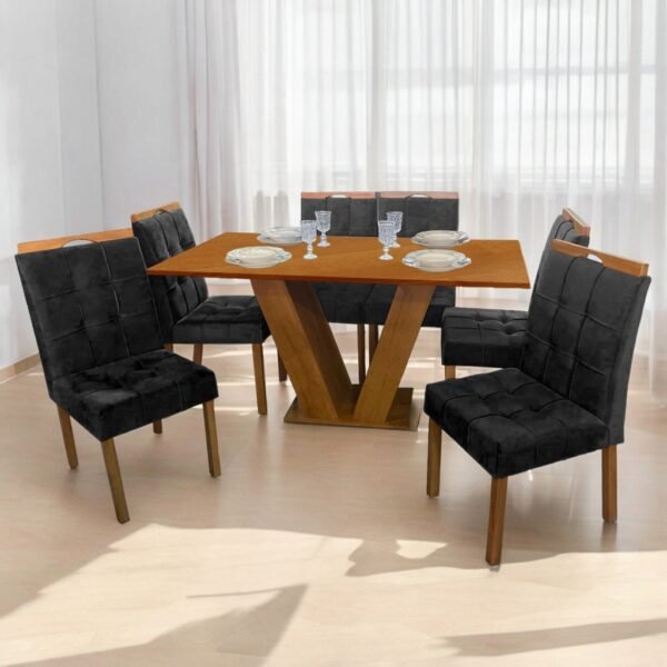Mesa Classic 160 Cinamomo Laminado com 6 Cadeiras Sophia Mel/Veludo Preto – CEL MÓVEIS + WM DECOR