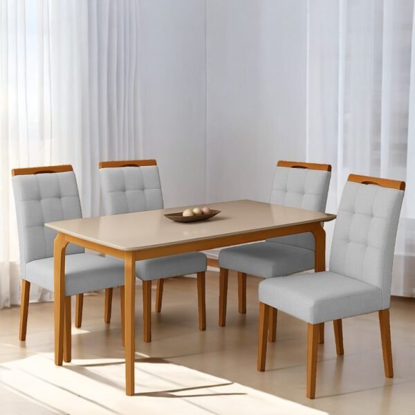 Mesa Alegra 120 Cinamomo/Off White com 4 Cadeiras Sophia Linho Cinza Prata 206 – JCM MOVELARIA + WM DECOR