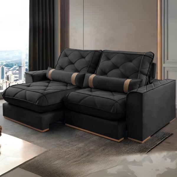 Sofá Retrátil e Reclinável Poseidon 029 2,50 m Veludo Preto - VICAM ESTOFADOS