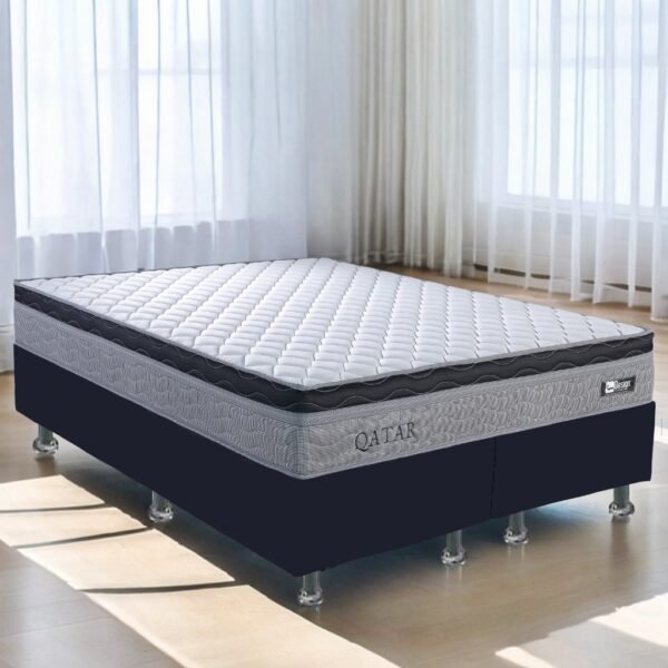 Colchão Queen Qatar D28 + Base Box Simples Corino Preto – DESIGN COLCHÕES + ALTO NÍVEL CAMAS E COLCHÕES