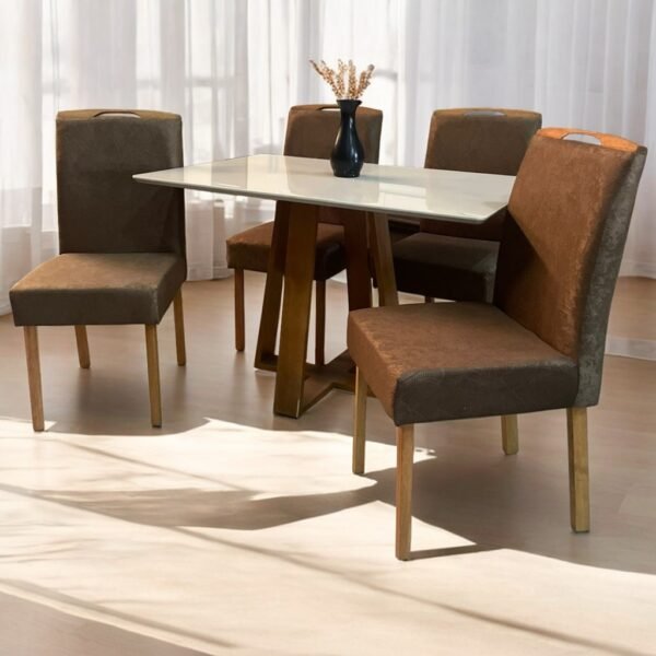 Mesa Pedro 120 Mel/Off White com 4 Cadeiras Priscila Imbuia Mel Veludo Marrom 1014 – ART ASSENTOS + AVALON DECOR