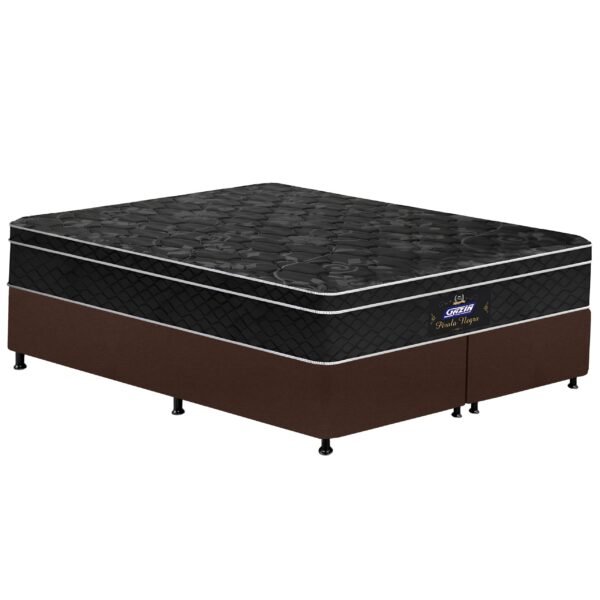 Colchão Queen Pérola Negra D33 + Base Box Simples Corino Marrom – GAZIN COLCHÕES + ALTO NÍVEL CAMAS E COLCHÕES