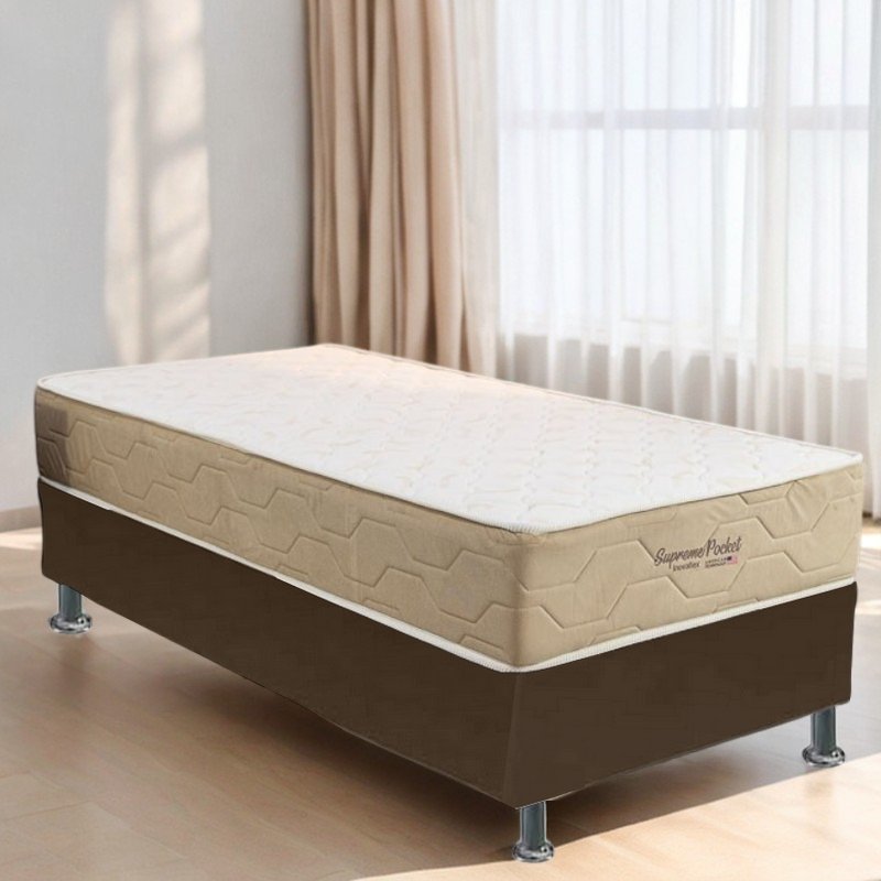 Colchão Solteiro Supreme Pocket D26 + Base Box Simples Corino Marrom – INOVAFLEX + ALTO NÍVEL CAMAS E COLCHÕES