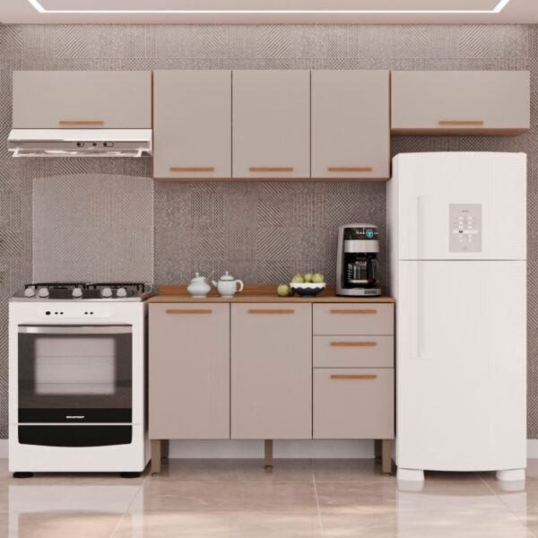 Kit 2 Armário Aéreo Geladeira + 1 Armário Aéreo Triplo + 1 Balcão New Valência Cinamomo/Off White – SALLÊTO