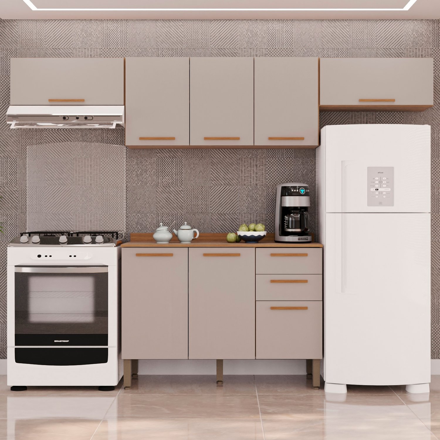 Kit 2 Armário Aéreo Geladeira + 1 Armário Aéreo Triplo + 1 Balcão New Valência Cinamomo/Off White – SALLÊTO