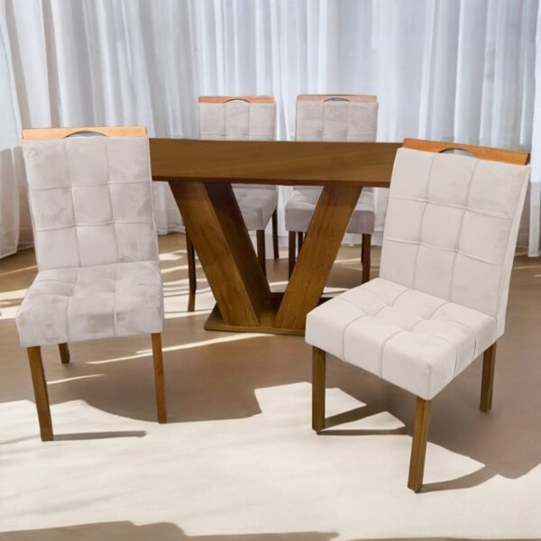 Mesa Classic 120 Cinamomo Laminado com 4 Cadeiras Sophia Mel/Linho Bege – CEL MÓVEIS + WM DECOR