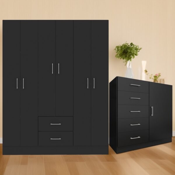 Guarda-Roupa 6 Portas Jamaica 6002 + Cômoda 5 Gavetas Sapateira Miami Preto - FELLICCI