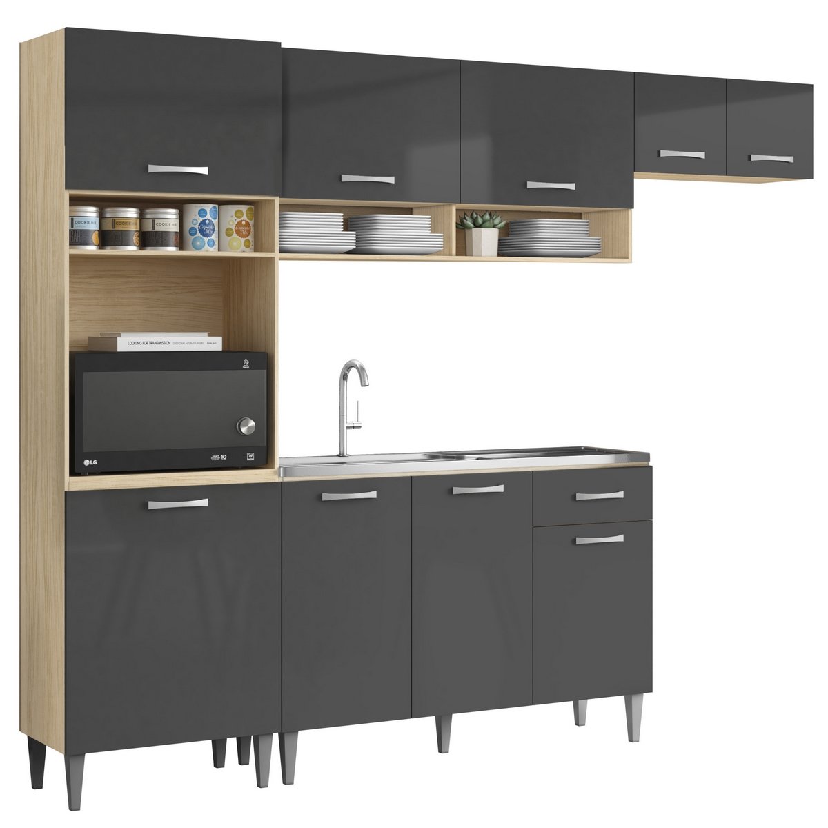 Cozinha Aurora + Balcão para Pia Atenas 249,7 m Avena/Grafite – ARAMÓVEIS - Imagem 5