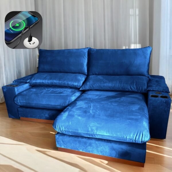 Sofá Retrátil e Reclinável Grazi 2,50 m Veludo Azul 3740 - UNIART ESTOFADOS