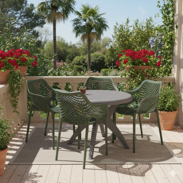 Mesa Deluxe 90 Nude com 4 Poltronas Colméia Verde – FORTE PLÁSTICO