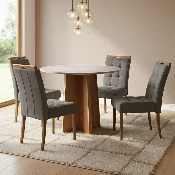 Mesa Redonda Celebrare 100 Amêndoa Clean/Off White com 4 Cadeiras Sophia Veludo Cinza Grafite – LOPAS + WM DECOR