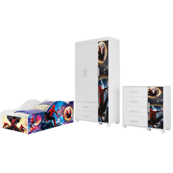 Guarda-Roupa 3 Portas Lívia 0,89 m + Cômoda 4 Gavetas com Sapateira Lívia + Cama Juvenil Carro Homem-Aranha 14 (Menino)