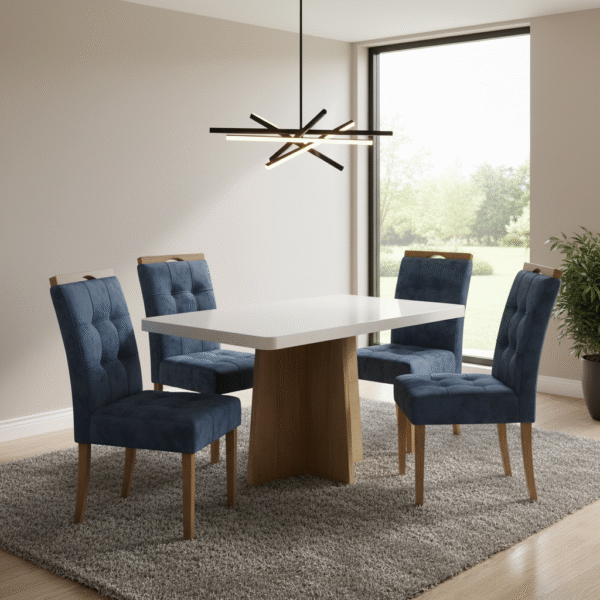 Mesa Jade 120 (Tampo 40 mm) Cinamomo/Off White com 4 Cadeiras Sophia Veludo Azul – VALDEMÓVEIS + WM DECOR