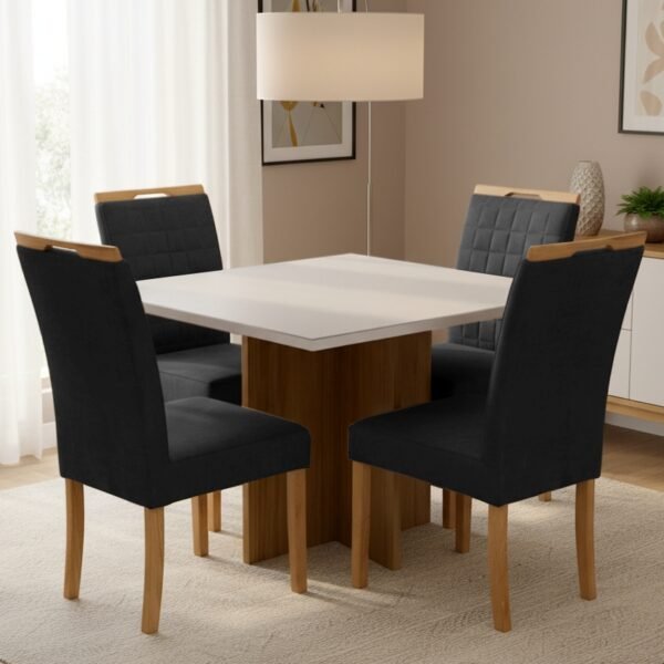 Mesa Salinas/Helô/Los Angeles 90 Cinamomo/Off White com Cadeiras Pandora 01 Veludo Preto 38 – CEL MÓVEIS + CARVALHO DE